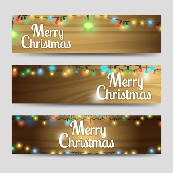 Wood with garlands Merry Christmas banners — Stock Vector