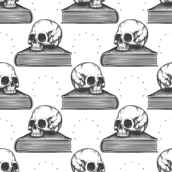Book and human skull seamless pattern — Stock Vector