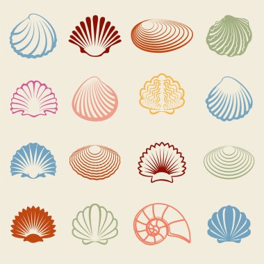 Colorful sea shells silhouettes set