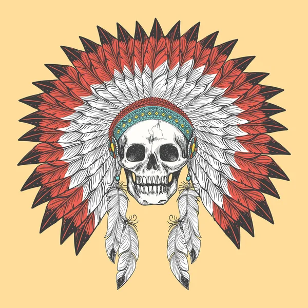 Cráneo indio americano con tocado de plumas — Vector de stock