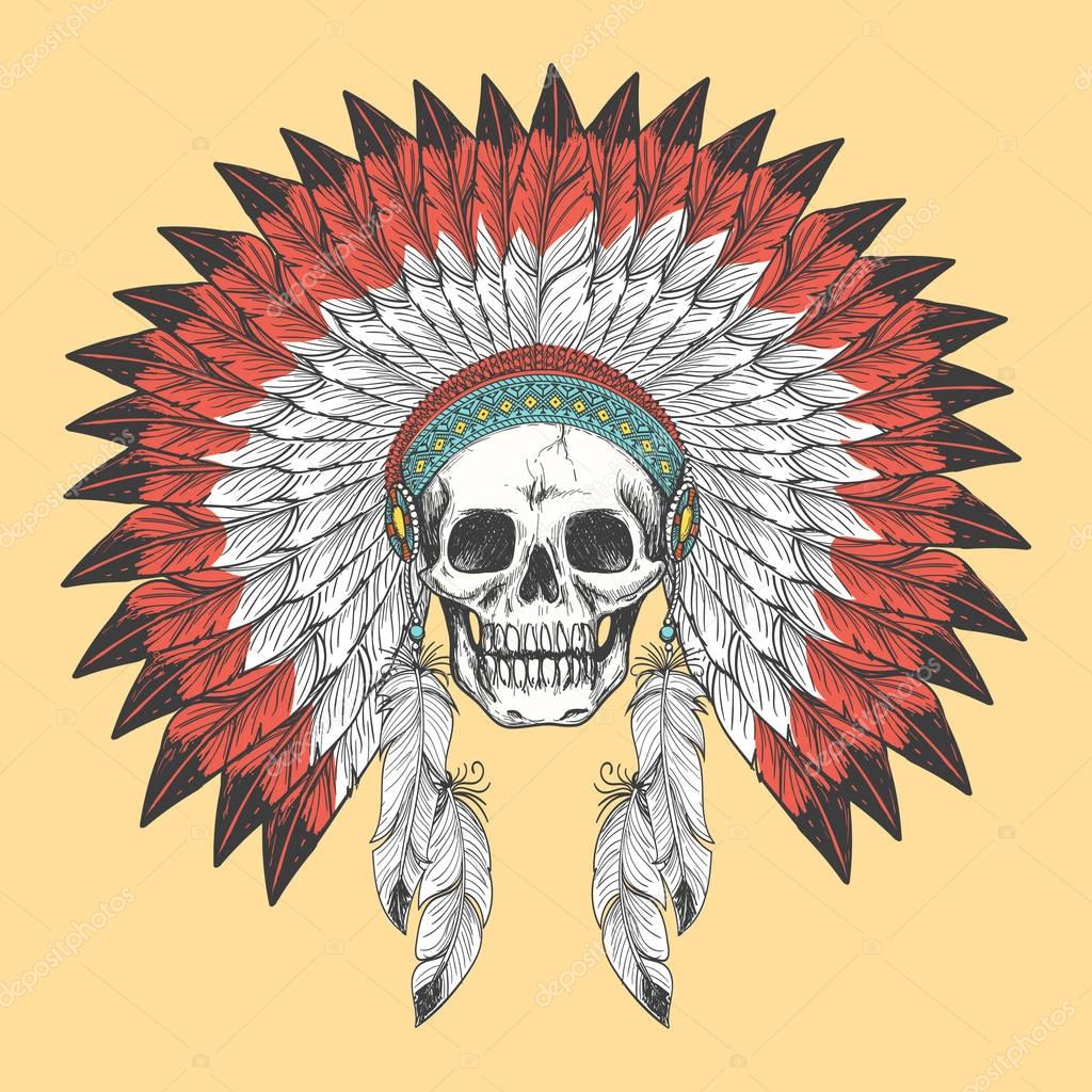 Indiano Nativo Americano Teschio Copricapo Uomo Scollo A V Cotone T-Shirt