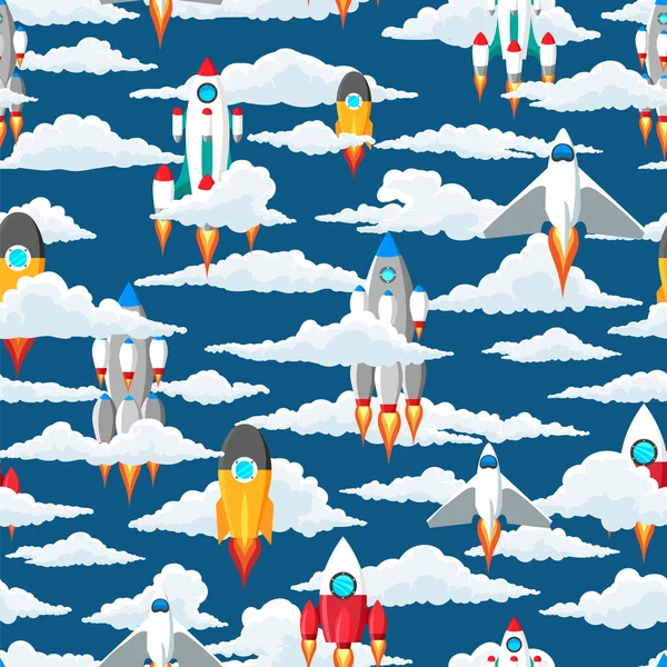 Clouds and space ships seamless pattern — Stock Vector