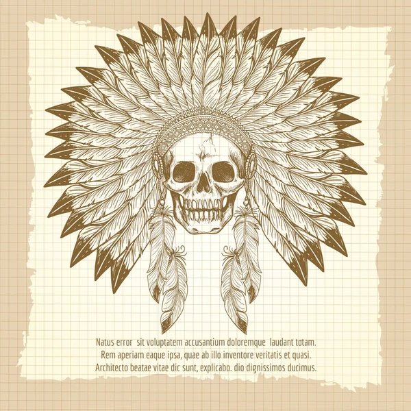 Crâne vintage en plumes affiche coiffe — Image vectorielle