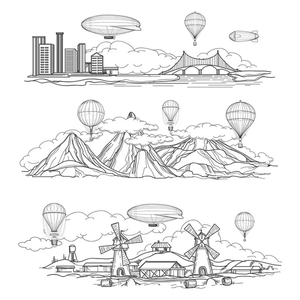 Paisajes con desfile de globos aerostáticos — Vector de stock