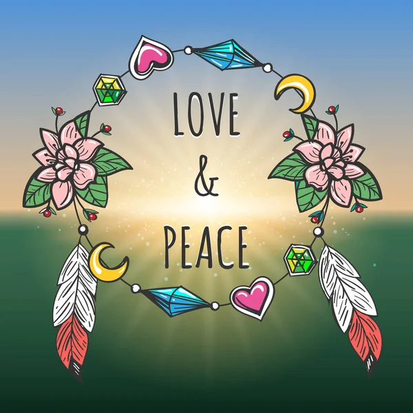 Αγάπη και ειρήνη έμβλημα boho στυλ — Διανυσματικό Αρχείο
