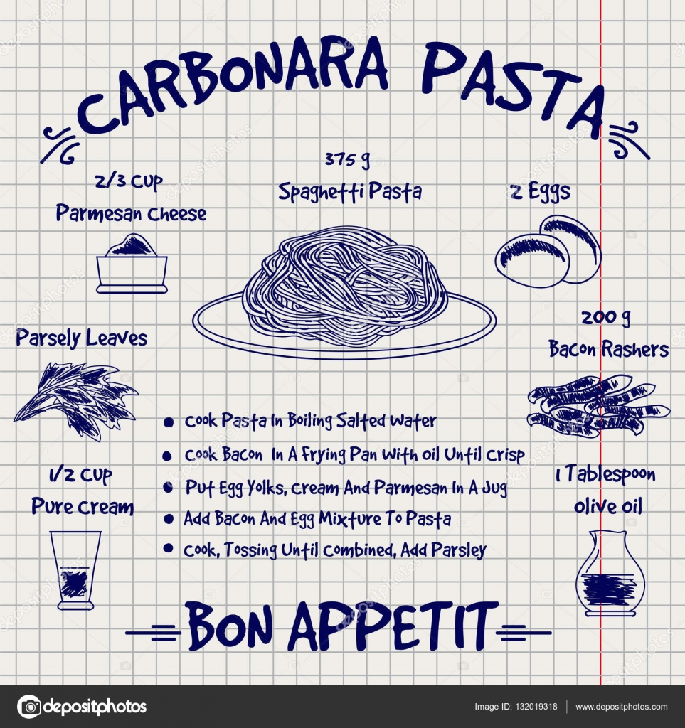 Libro de cocina diseño receta carbonara pasta del bosquejo — Archivo ... Libro de cocina diseño receta carbonara pasta del bosquejo — Archivo ...