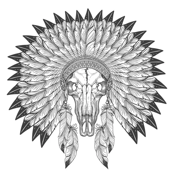 Sketch de crânio de búfalo com cobertura para a cabeça de penas —  Vetores de Stock