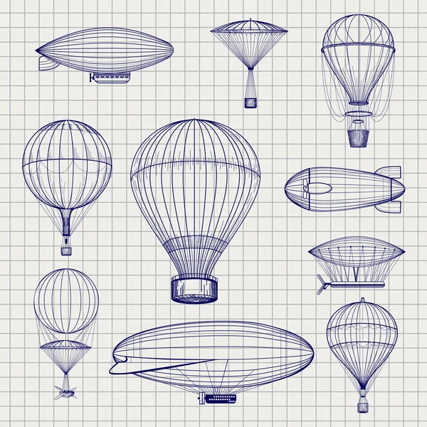 Hete lucht ballonnen en zeppelins schets — Stockvector