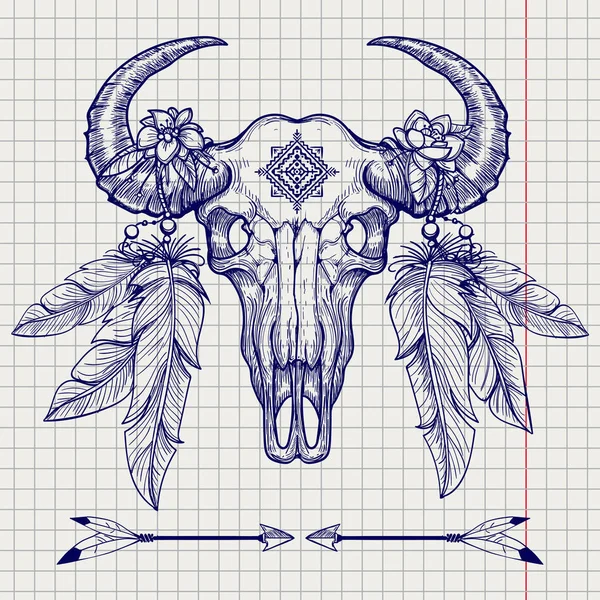 Croquis de stylo à bille Buffalo crâne — Image vectorielle