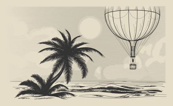 Balon udara panas terbang di atas pantai - Stok Vektor