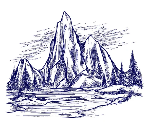 Stylo bille rivière et paysage de montagne — Image vectorielle