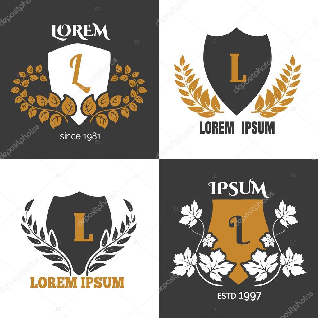 Shields with leaves decor label set. Vector luxury ornate vintage heraldic laurel shield logo set