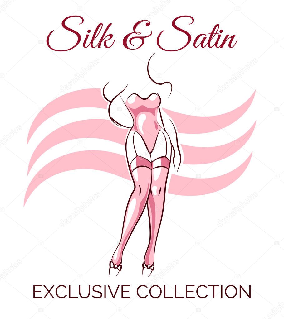 Lingerie shop emblem with female body silhouette in stockings. Vector illustration
