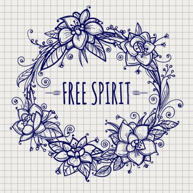 Kroki boho çiçek çelenk yazı ile