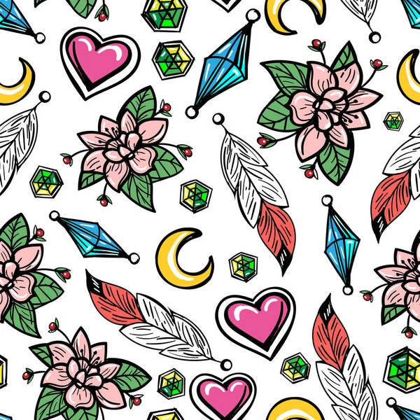 Seamless pattern with flowers and feathers