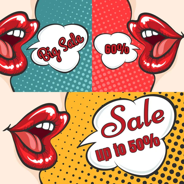 Mujer labios pop arte venta banners — Vector de stock