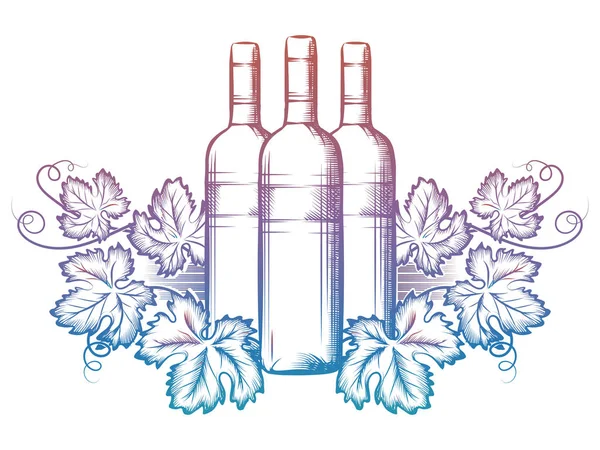 Botella de vino y hojas de uva — Vector de stock