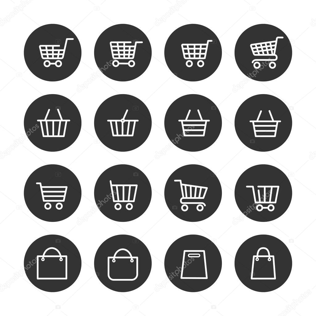 Shopping baskets thin line icons set