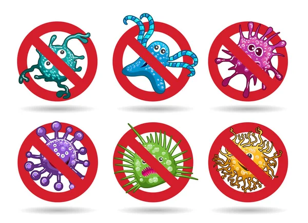 Detener virus emblemas de dibujos animados conjunto — Vector de stock