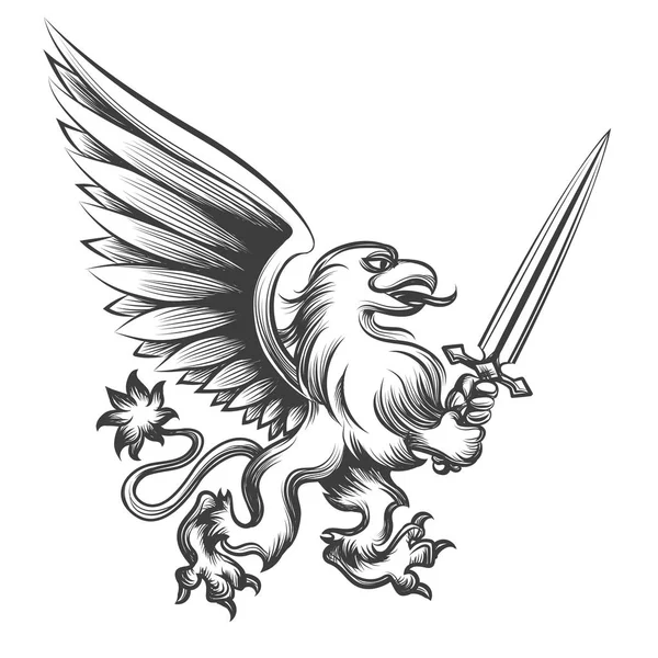 Gravură griffin cu sabie — Vector de stoc