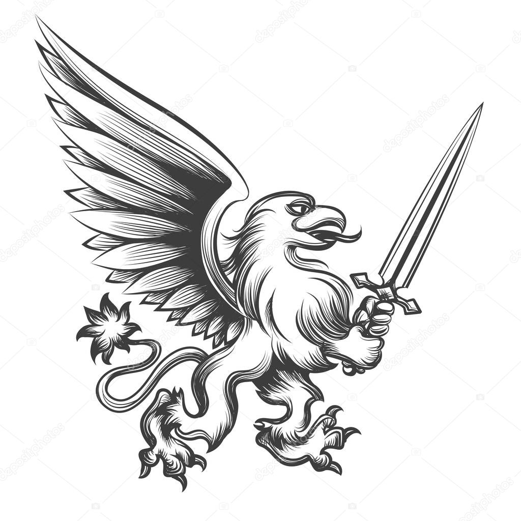 Engraving griffin with sword