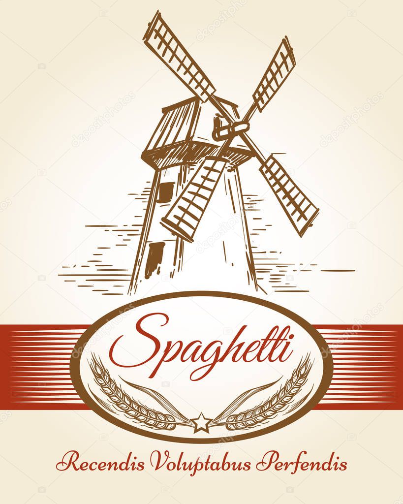 Spaghetti pasta label. Bakery background with whole wheat milled flour and mill