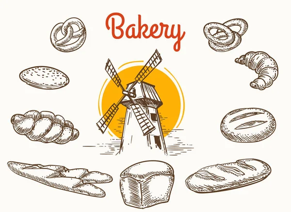 Bosquejo de productos de panadería tradicionales vintage — Vector de stock