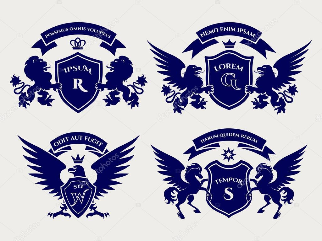Heraldry royal symbols with horses and lions and eagles. Crests logo vector design
