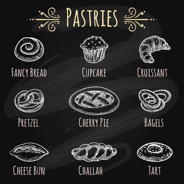 Pâtisseries dessinées à la main sur tableau — Image vectorielle
