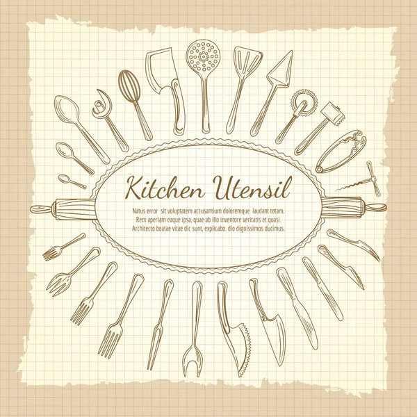 Fondo vintage de cocina con marco de vajilla — Vector de stock