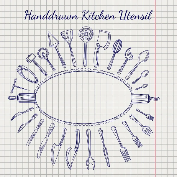 Croquis ensemble de vaisselle et cadre décoratif — Image vectorielle