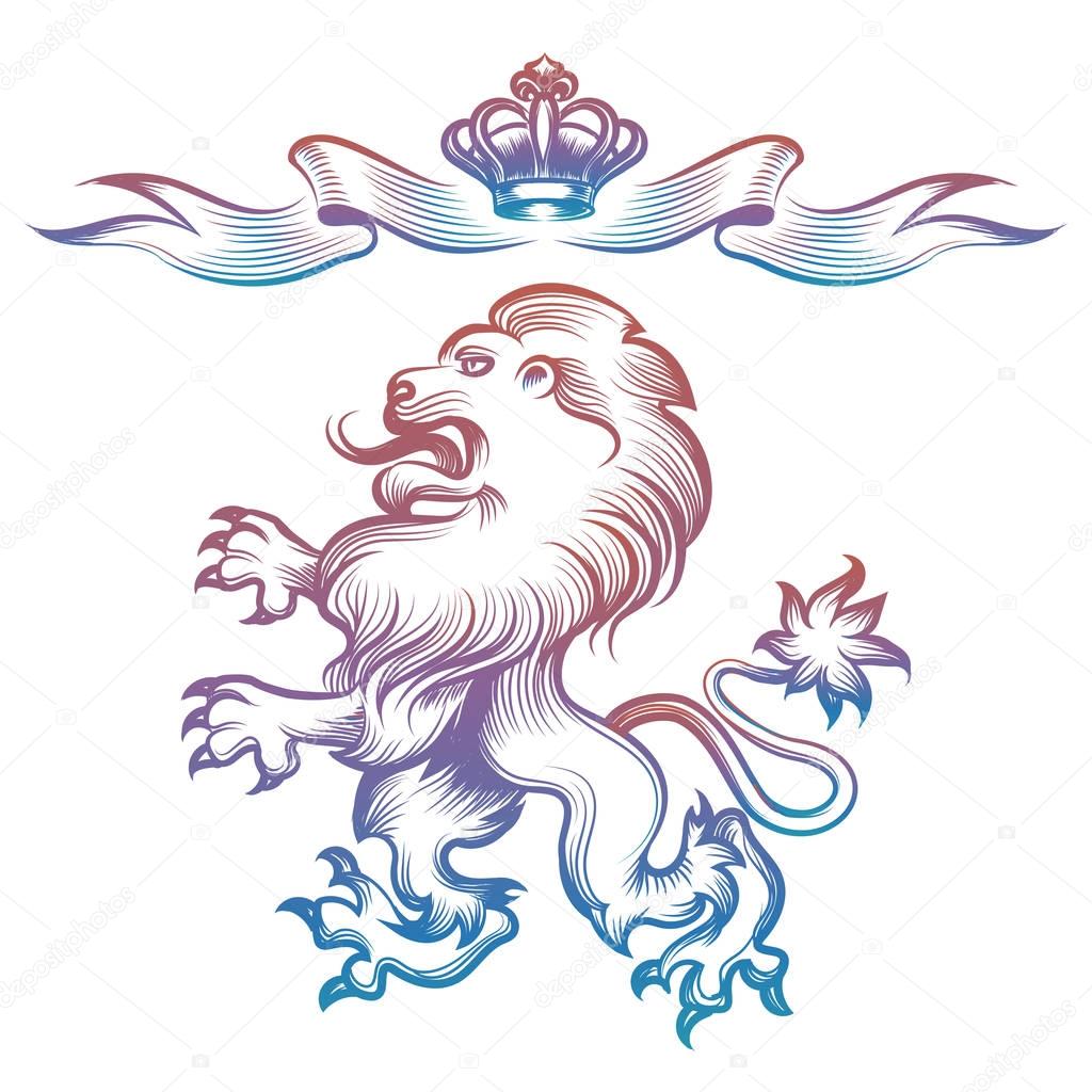 Colorful heraldy royal lion and crown isolated on white background. Vector illustration