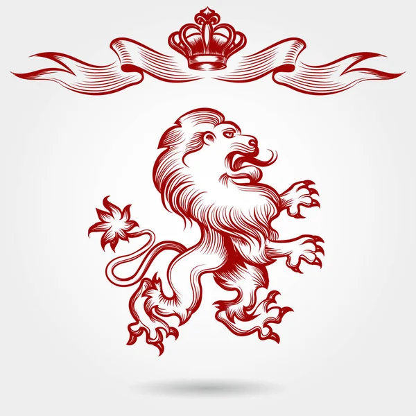 Червоний гравірувальний лев та ескіз корони — стоковий вектор