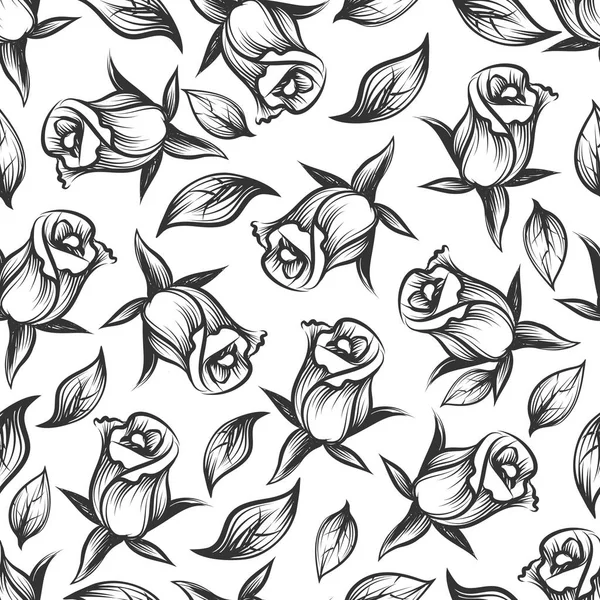 Skizzierte Rose und Blätter nahtloses Muster — Stockvektor