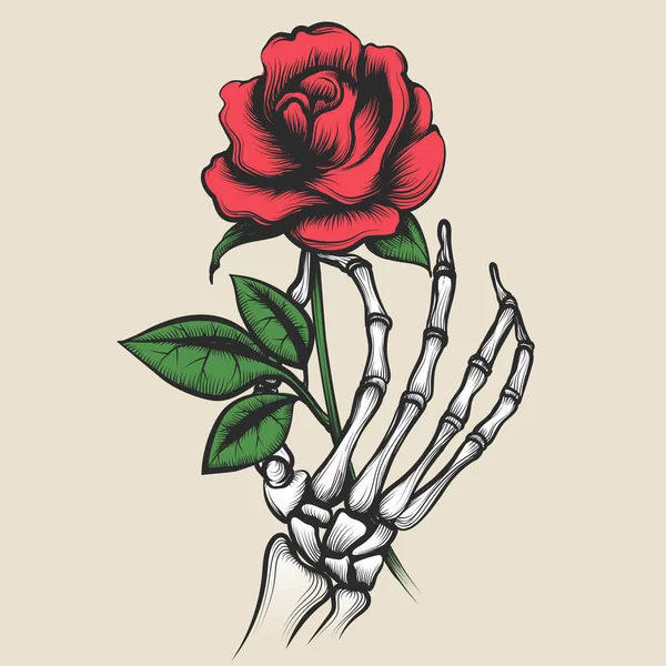 Esqueleto mano con rosa tatuaje estilo — Vector de stock