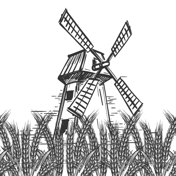 Сельскохозяйственный пейзаж с мельницей и пшеницей — стоковый вектор