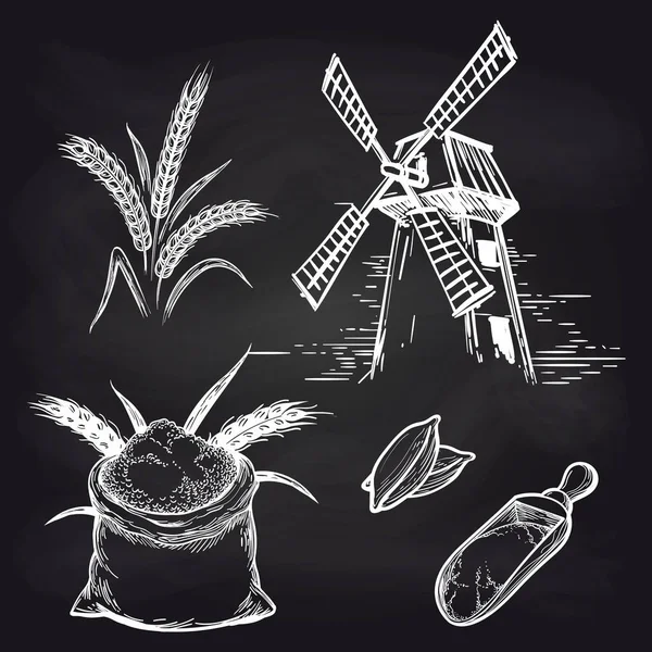 Moulin et produits de boulangerie sur tableau noir — Image vectorielle