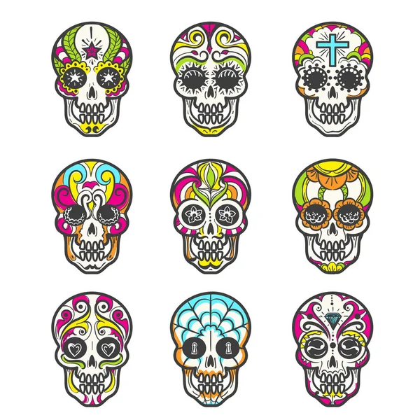 Conjunto de ícones de crânio de açúcar colorido — Vetor de Stock