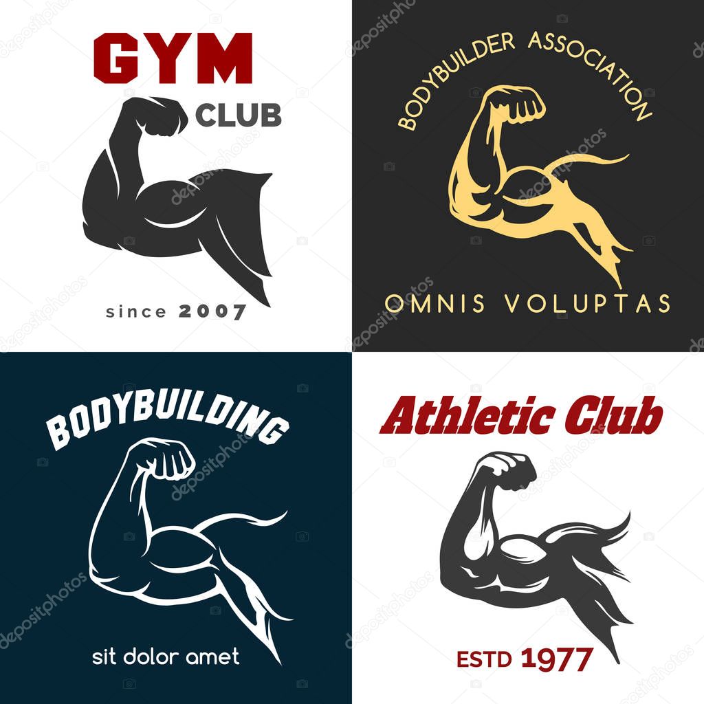 Fitness center logo set. Power bicep gym man arms flex emblems. Vector illustration