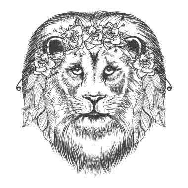 Boho stil kroki aslan çiçekli