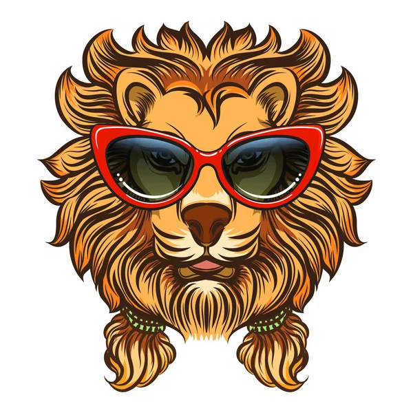 Glam león con gafas de sol rojas — Vector de stock