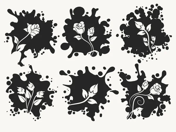 Splashes shape silhouettes with desorative roses — Stock Vector