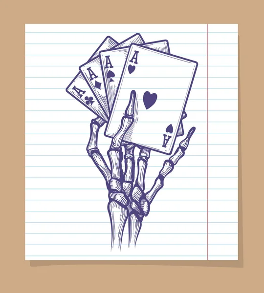 Four aces in skeleton hand sketch — Stock Vector