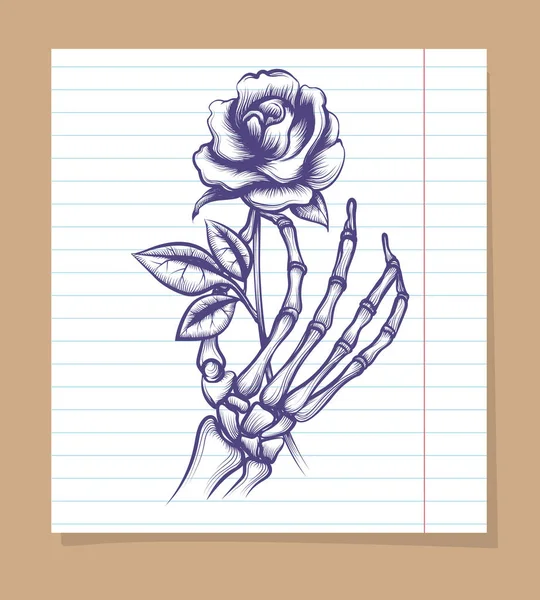 Croquis du bras squelette avec rose — Image vectorielle