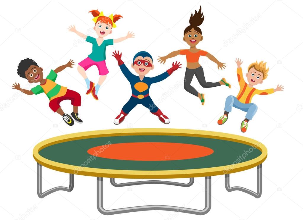 Energetic kids jumping on trampoline