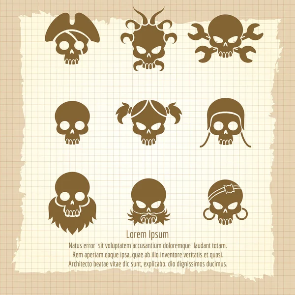 Iconos de cráneo en la página del cuaderno vintage — Vector de stock