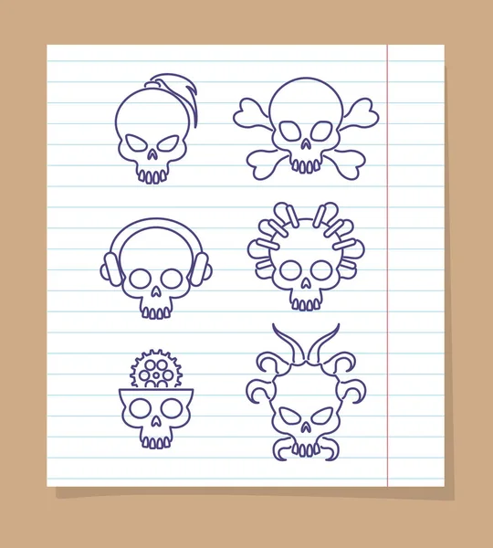 Crânios de linha bonitos na página do notebook —  Vetores de Stock