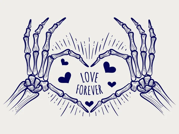 Miłość na zawsze plakat z rąk szkielet — Wektor stockowy