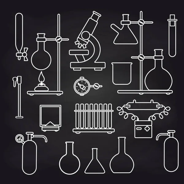 Χημικό εργαστήριο εικονίδια στον πίνακα κιμωλίας — Διανυσματικό Αρχείο