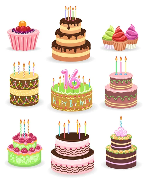 Birthday cake set isolated on white — Stock Vector